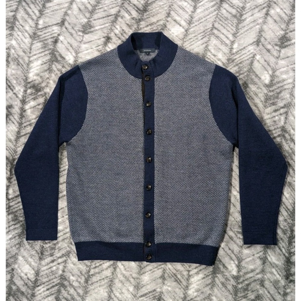 Turtleson Extra Fine Merino Wool Cardigan Sweater Herringbone Panel Mock Large L